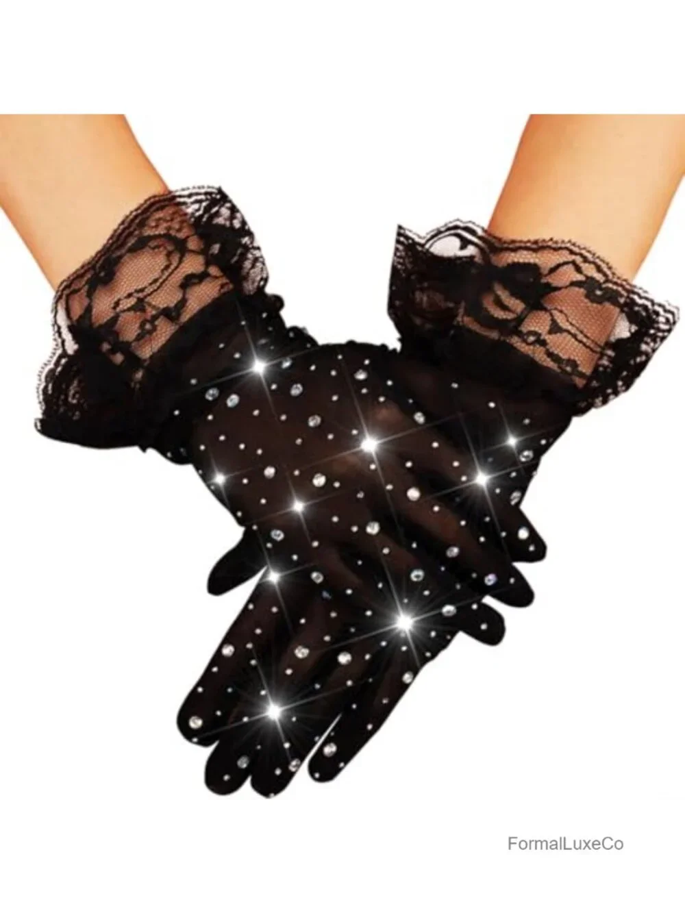 Rhinestone Lace Gloves Nylon Sparkle Opera Tea Party Short Gloves Women